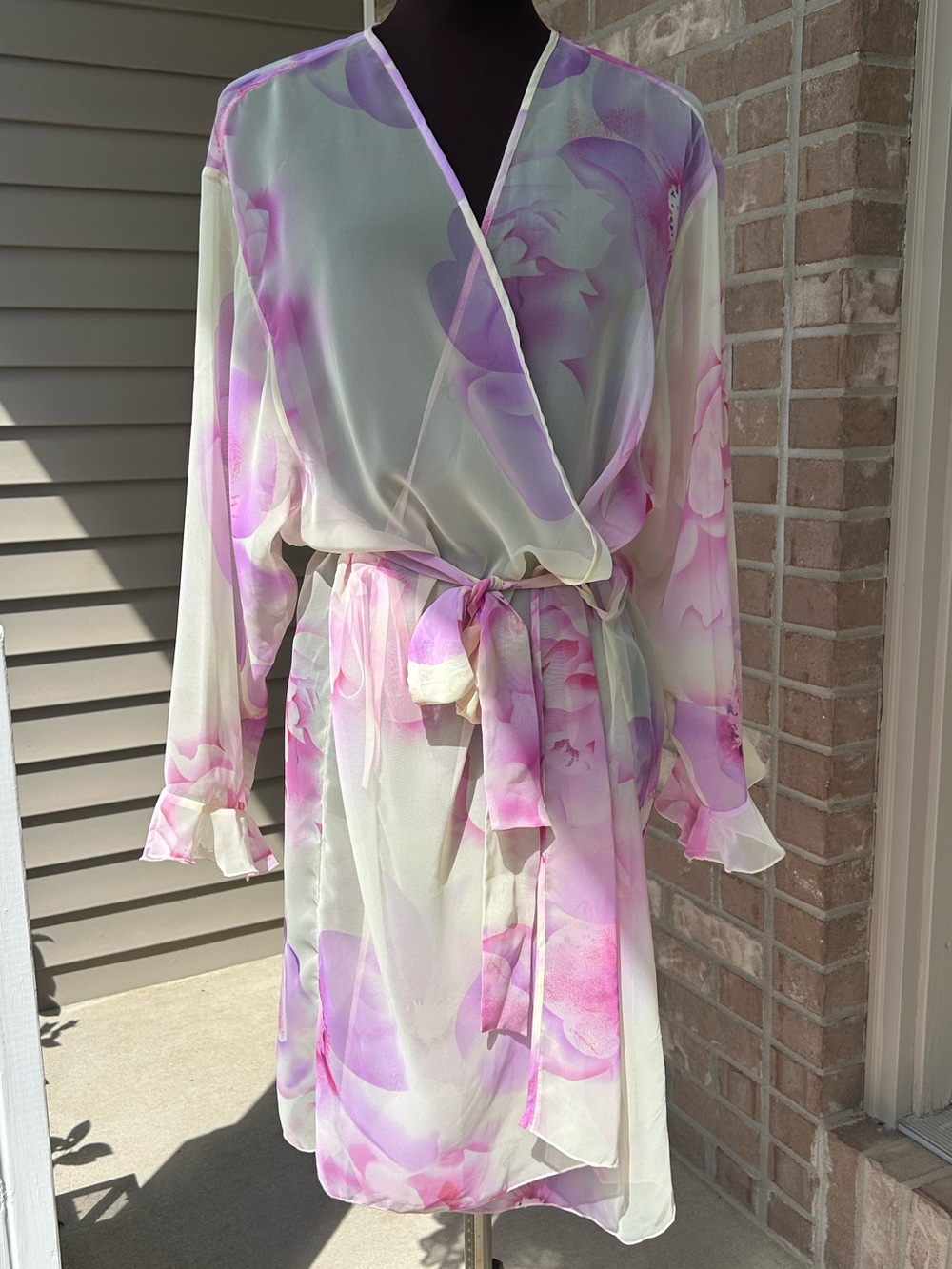 NWT VTG LORD & TAYLOR sXL Sheer Floral Wrap Robe-soft yellow/pink/lavender-RARE